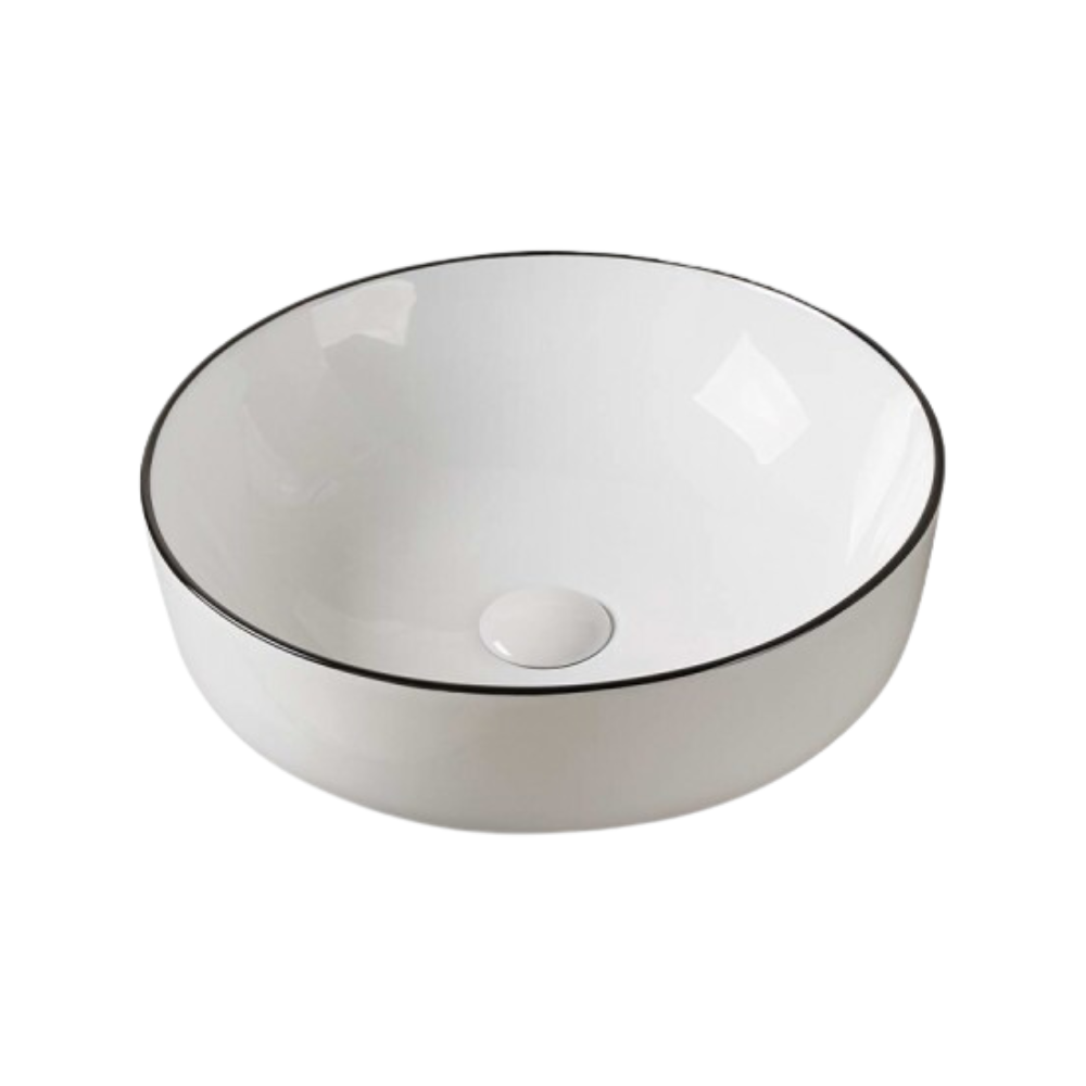Vasque ronde en céramique blanc lustré rehaussé d’une ligne noire