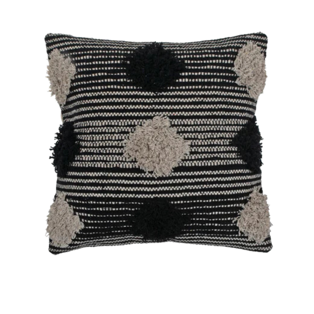 Coussin à losanges noir et beige avec pompons 18’’ x 18’’