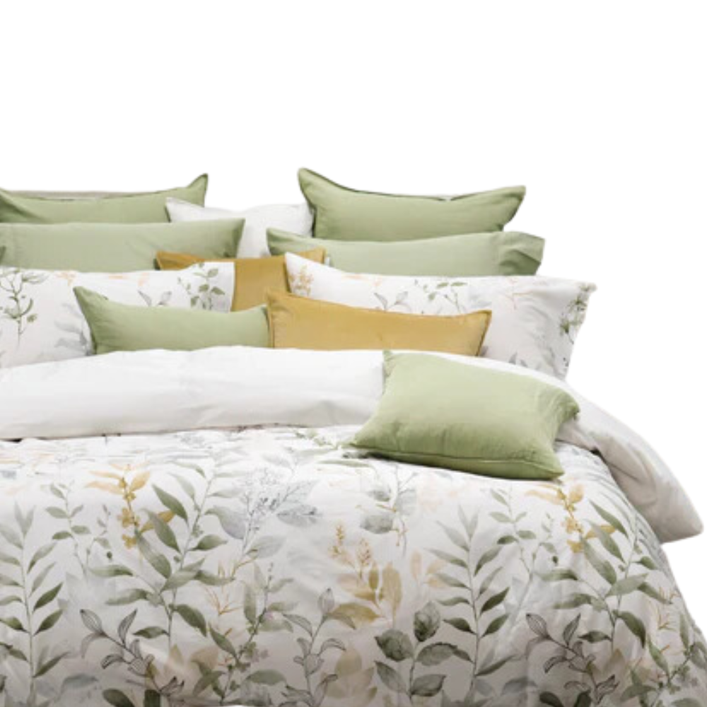 Housse de couette coton Aspen queen motif botanique vert et doré