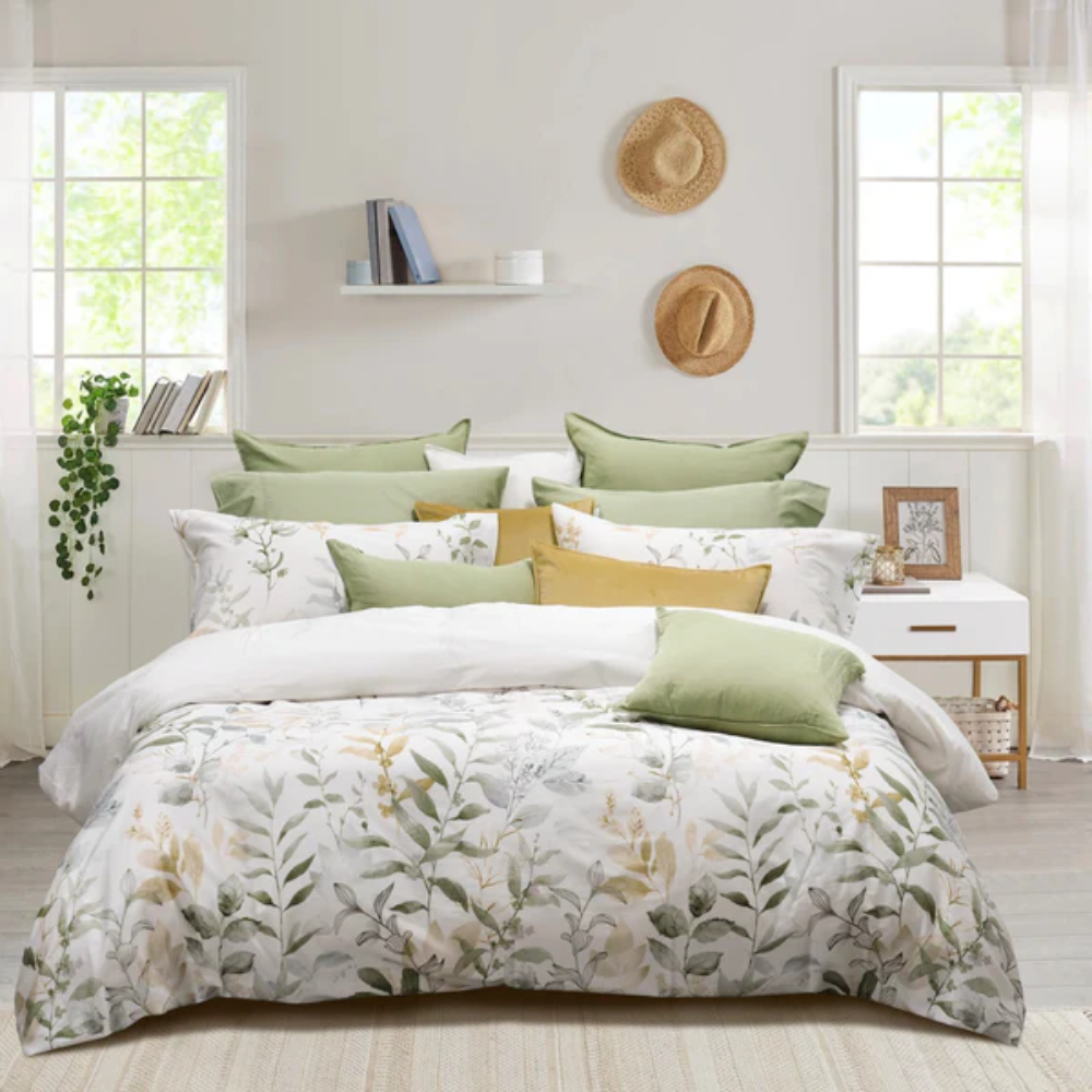 Housse de couette coton Aspen queen motif botanique vert et doré